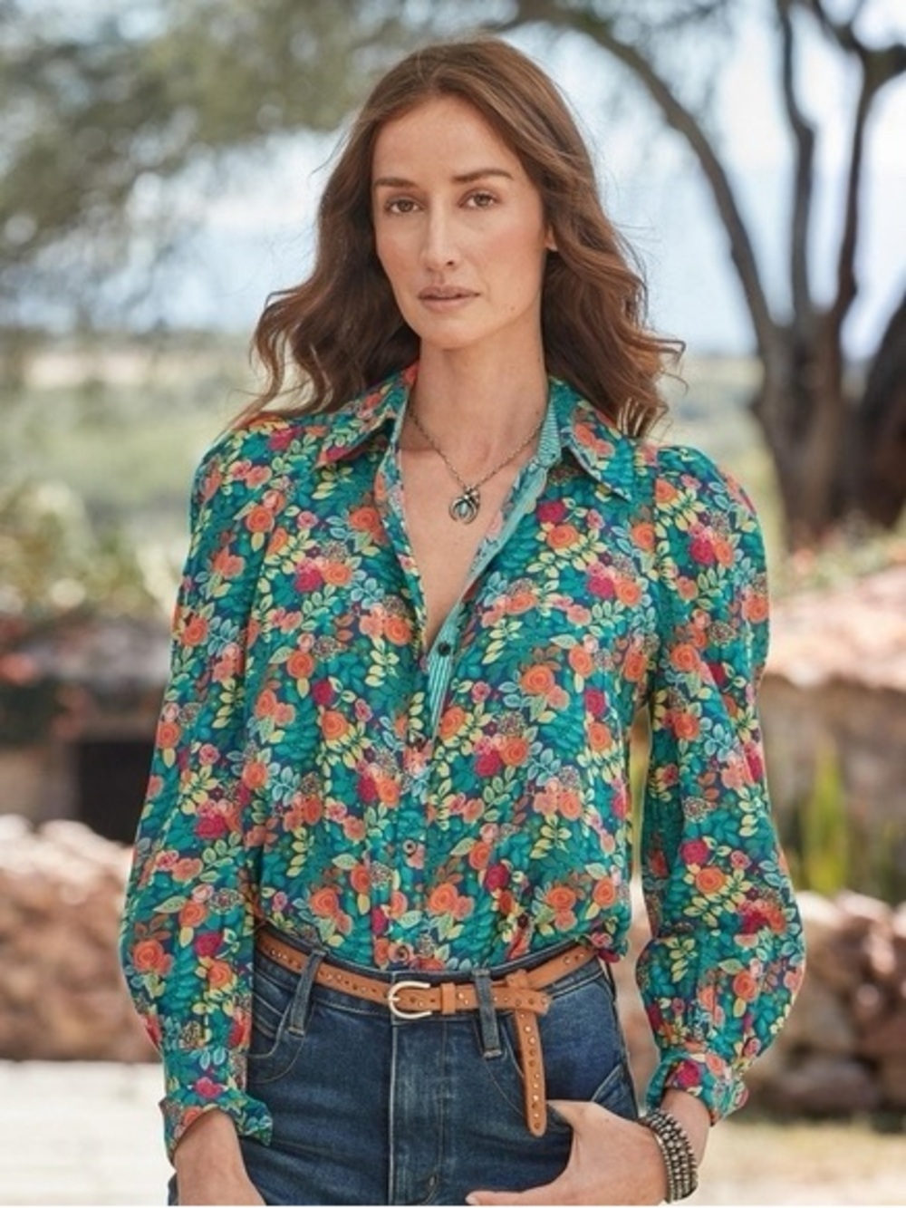 Sundance Rosie Vines Floral Button-Front Blouse Teal size XS